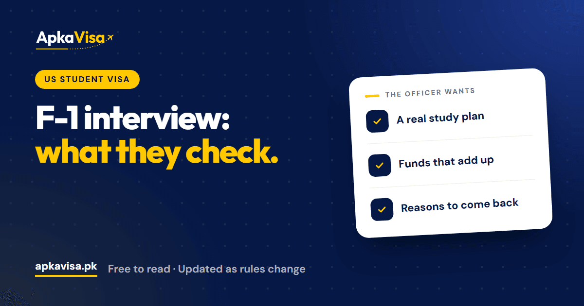 ApkaVisa blog cover: F-1 visa interview questions for Pakistani students and what the officer is checking